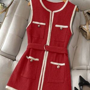 SHEIN Red and White Textured Vest with Belted Waist